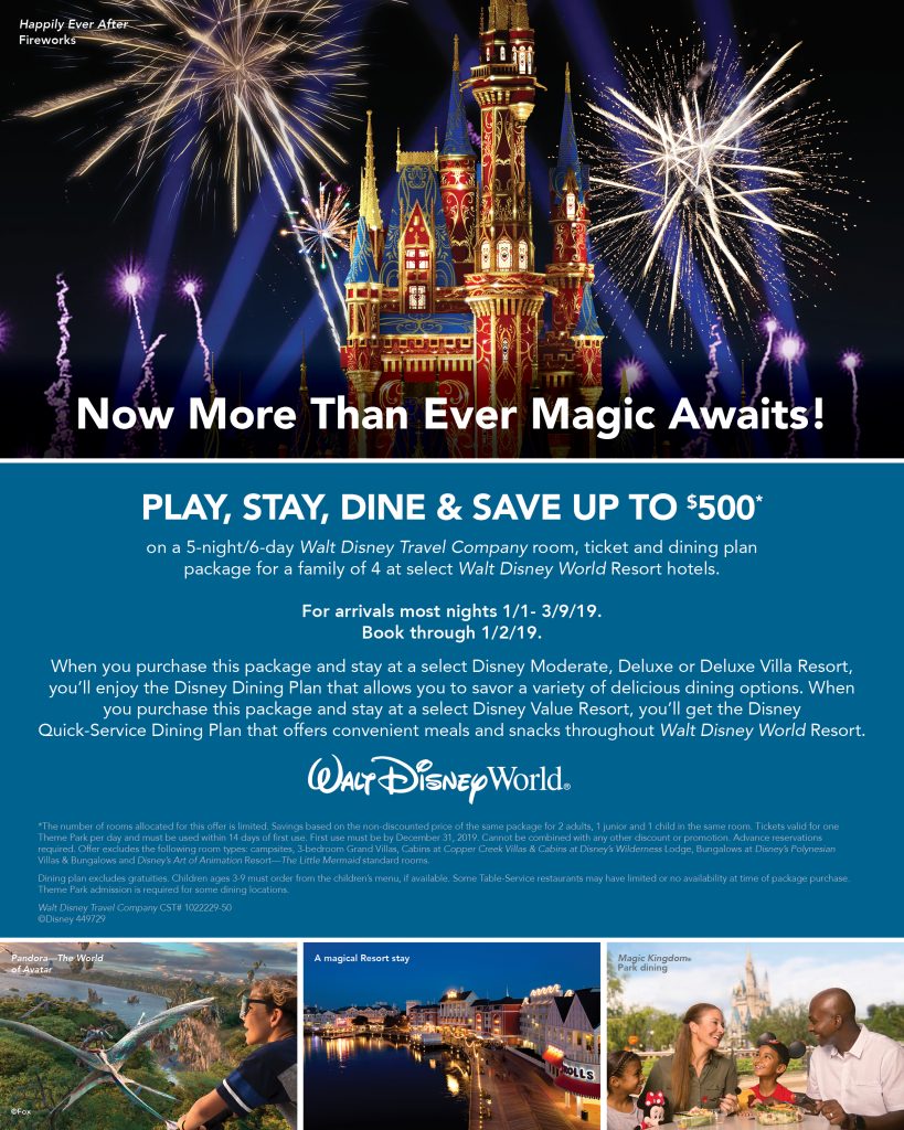 Play, Stay, Dine & Save at Walt Disney World January March 2019